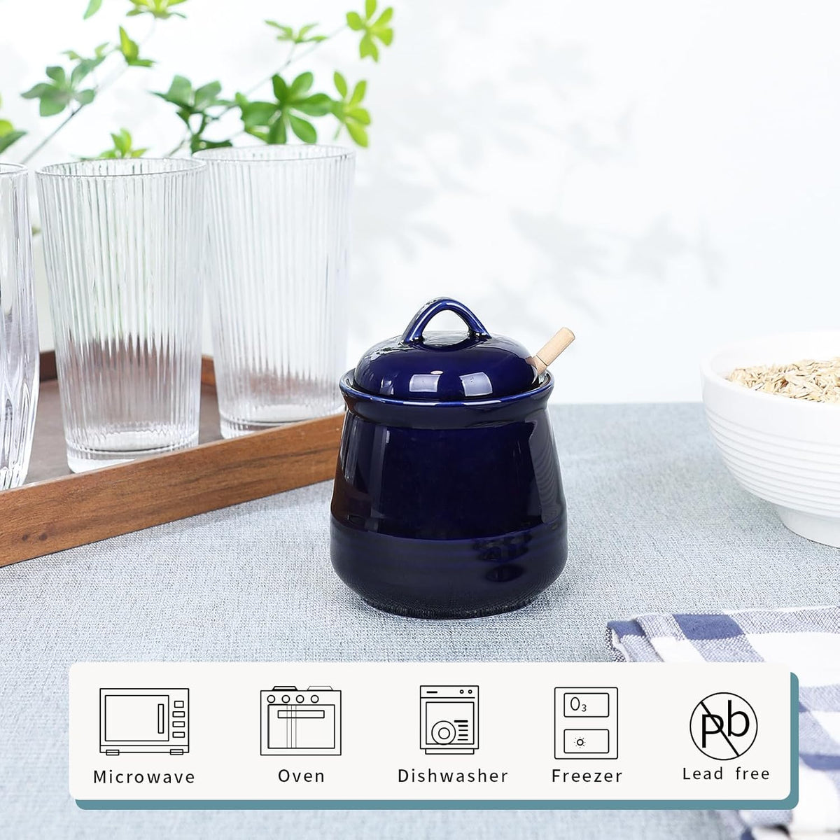 HAOTOP Ceramic Honey pot with Lid and Honey Dipper,Porcelain Honey Jar Easy to Clean and Dishwasher Safe,12oz (Navy)
