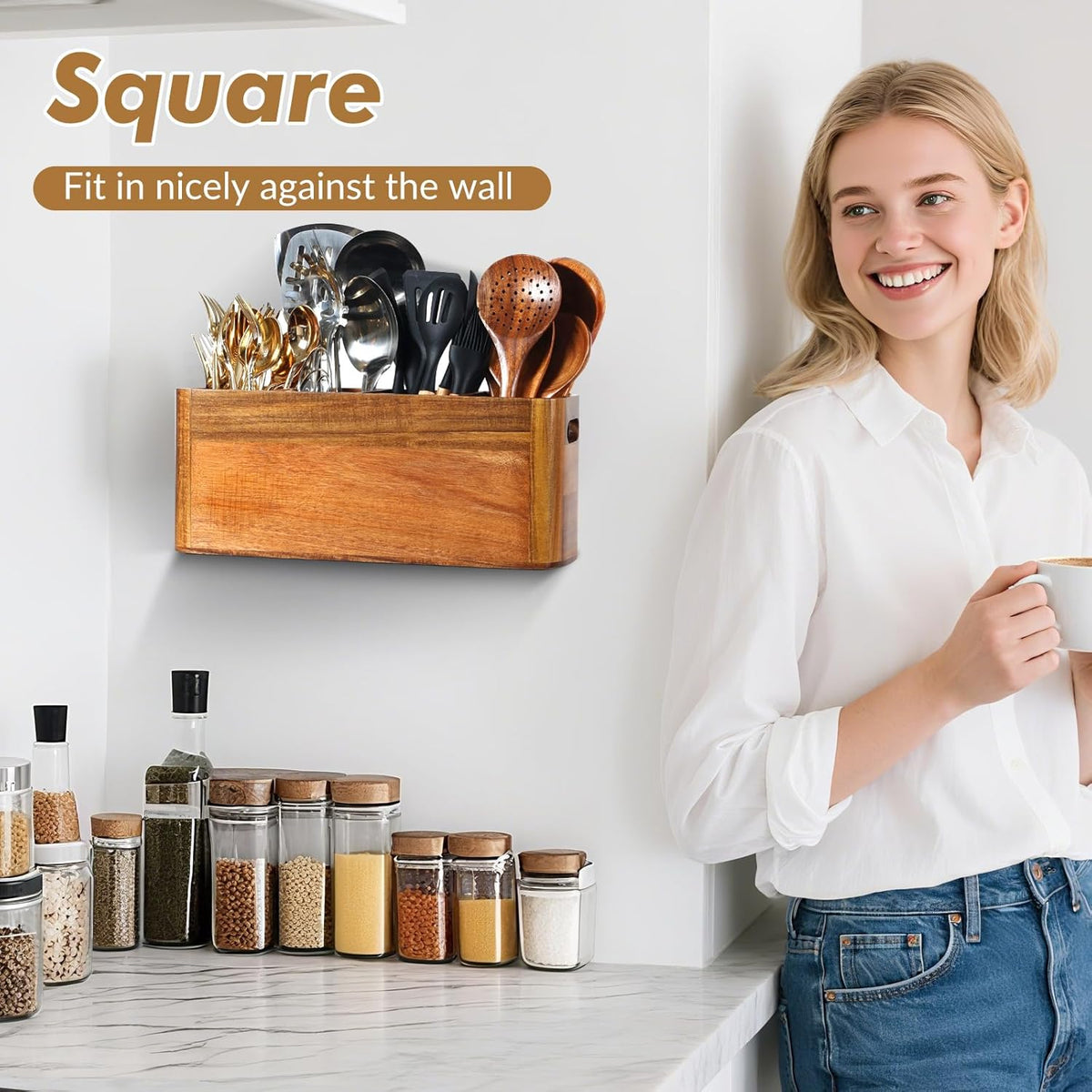 Kitchen Utensil Holder for Counter or Countertop, Extra Large Acacia Wood Organizer with 4 Compartments, Wooden Storage for Cooking and Silverware, Rustic Minimalist Decor, Sturdy Utensil Crock