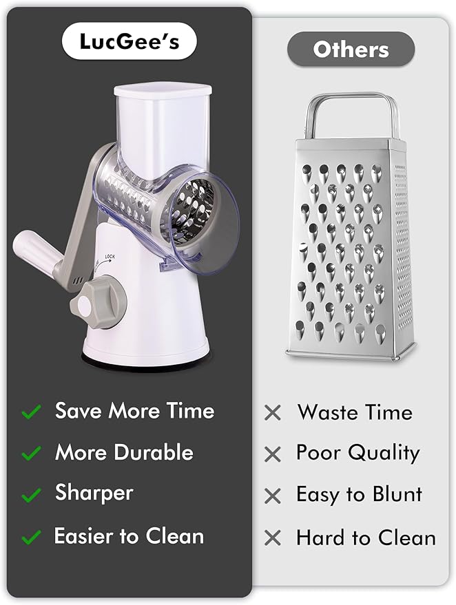 Rotary Cheese Grater with Handle - 3 in 1 Cheese Shredder Rotary Grater Stainless Steel Handheld, Vegetable Slicer for Fruit, Cheese, Nuts(White)