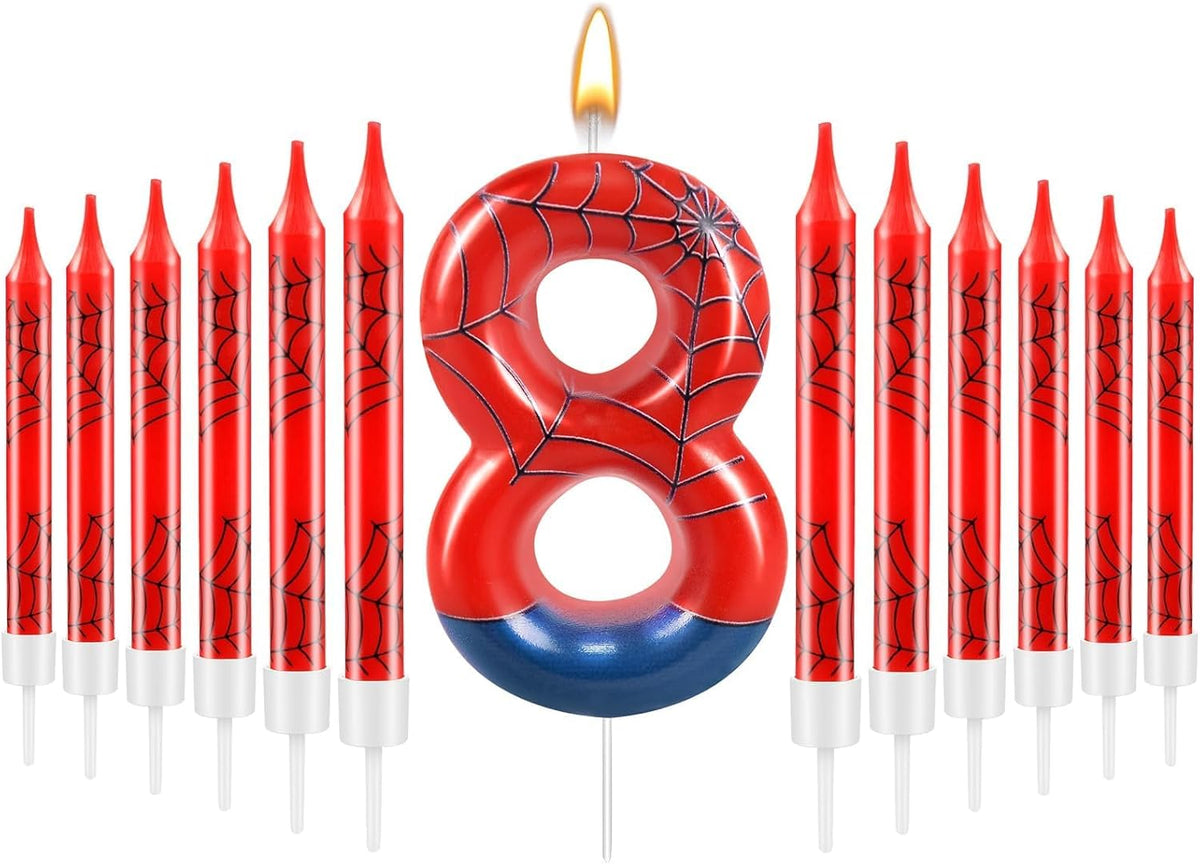 13 Pcs Spider Themed Birthday Candle Set Red Spider Theme Number 8 Candle Cake Topper for Boys Girls Birthday Decoration Spider Party Decoration Supplies (Number 8)