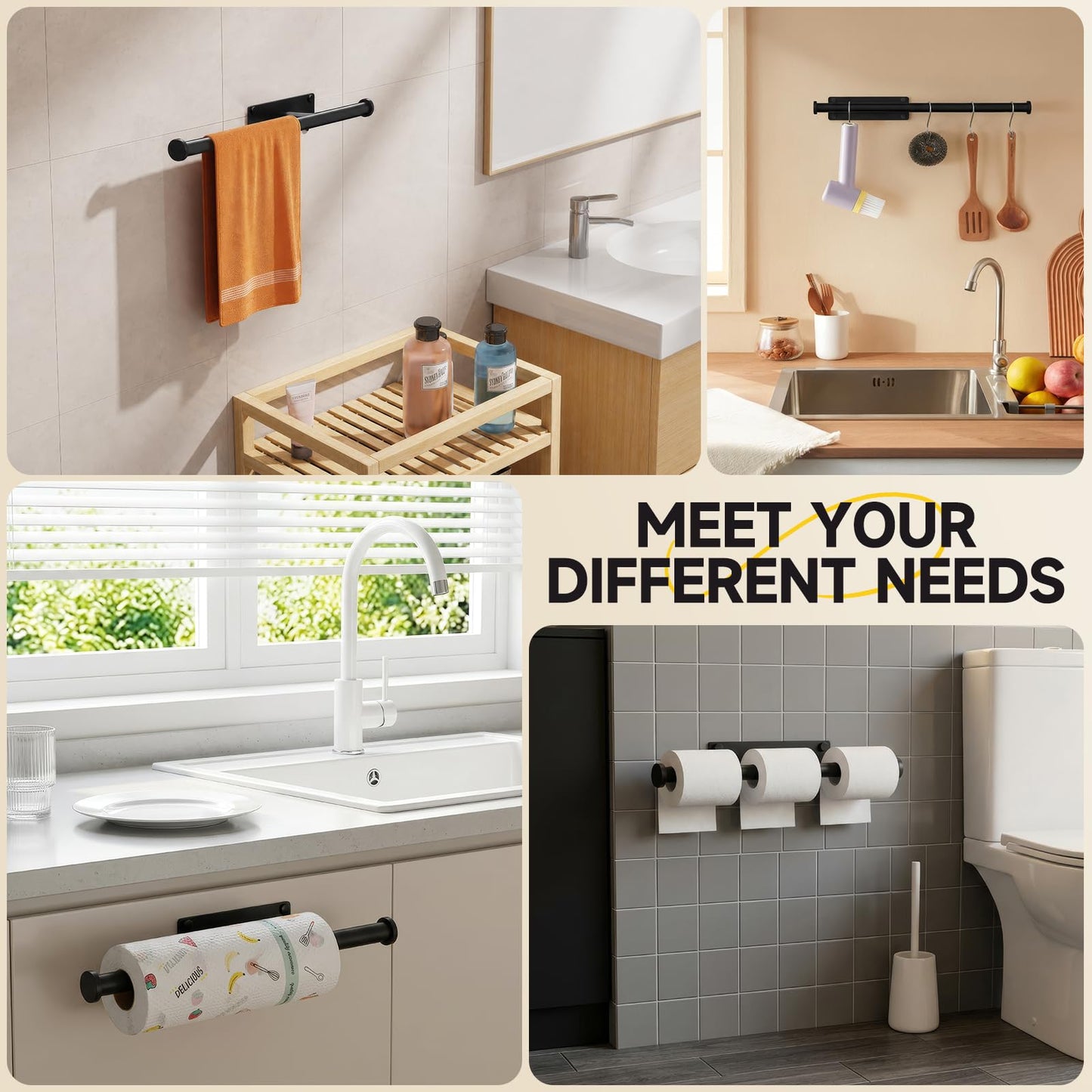FISHCLOUD Paper Towel Holder Wall Mount - Self Adhesive No Drill or Drilling, SUS304 Stainless Steel - Kitchen, Bathroom, Sink, Pantry, Fridge(Black)