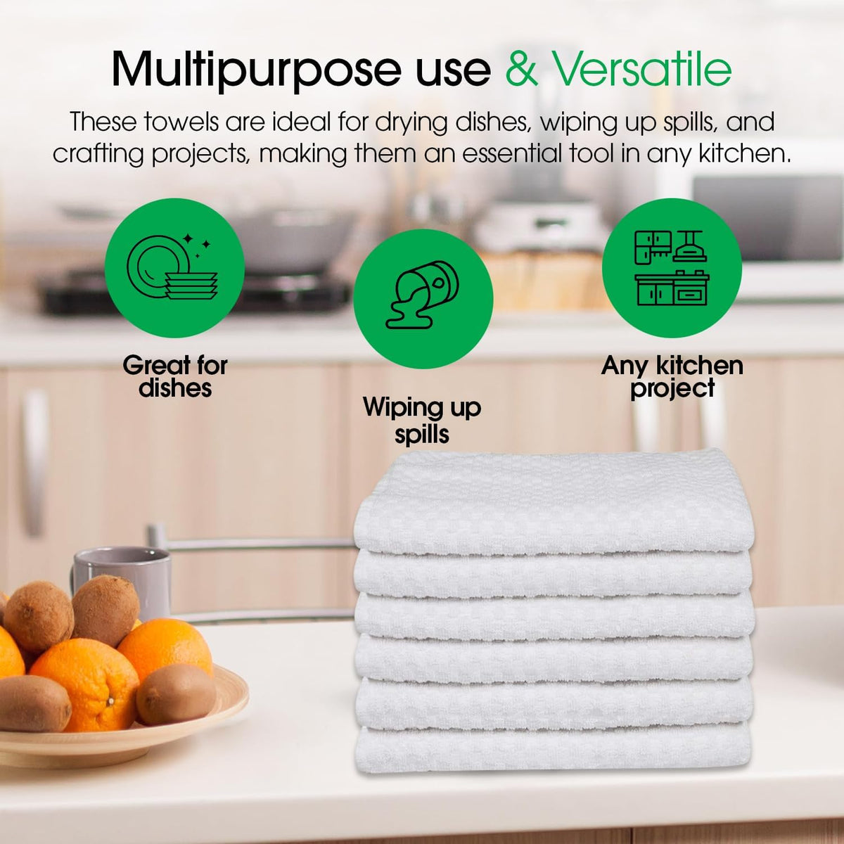 DG Collections Terry Dish Towels, 100% Cotton Kitchen Towels, Set of 6 (18x28 inch) Hand Towels - 400 GSM, Absorbent Terry Cloth Dish Towels for Kitchen, Soft Tea Towels - White Color