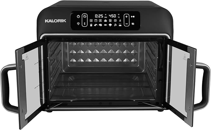 Kalorik Air Fryer Convection Oven Designer Series 26-Quart with Dual Speed Fan Easy Pull French Doors and 14 Smart Cooking Presets, Includes 5 Cooking Accessories, 1700-Watts, Black