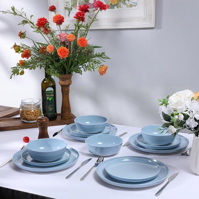 Webbylee Melamine Dessert Plates Set of 6-7.5" Serving Durable Dishes Perfect for Kitchen Outdoor Use,Durable Small Plates for Salad-Blue & Beige
