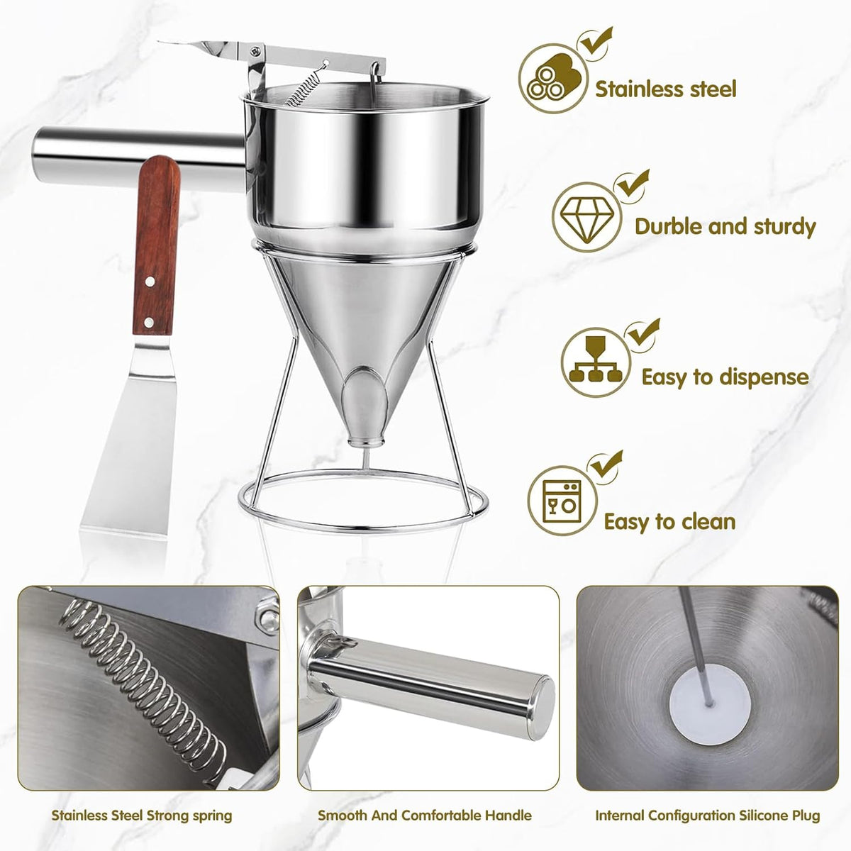 40oz Pancake Batter Dispenser Stainless Steel with Metal Spatula, Stand, Squeeze Handle and Versatile Silicone Funnel, Baking Tool for for Pancake, Cake, Cupcake, Waffles and Muffins Making