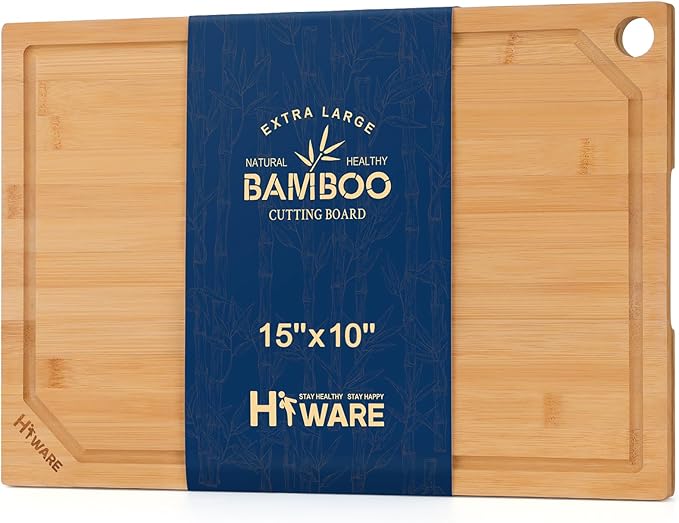 Hiware Bamboo Cutting Board for Kitchen, Heavy Duty Wood Cutting Board with Juice Groove, 100% Organic Bamboo, Pre Oiled, 15" x 10"
