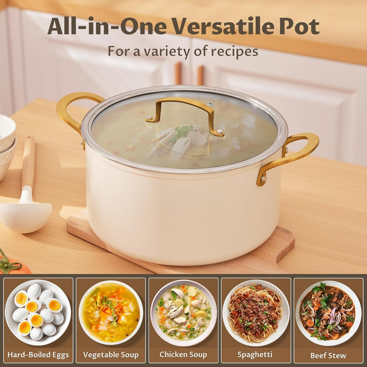 BEZIA 8 Quart Ceramic Stock Pot, Non Toxic Soup Pots with Lid, Non Stick Pot with Stainless Steel Handle, Compatible With Most Cooktops, Even Heat Distribution, Perfect for Soups & Stews, Cream