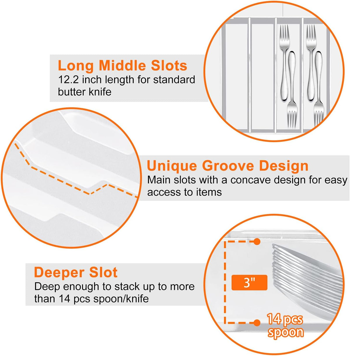 Silverware Organizer - Expandable Silverware Tray for Drawer, Adjustable Utensil Drawer Organizer for Forks, Knives, Kitchen Organizers and Storage, White