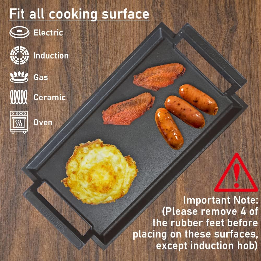 COVERCOOK Griddle Pan, Cast Iron Grill Hot Plate, Rectangular Grill with Flat Surface for Electric Stove Top and Induction Cooktop,16.7 x 9.1in