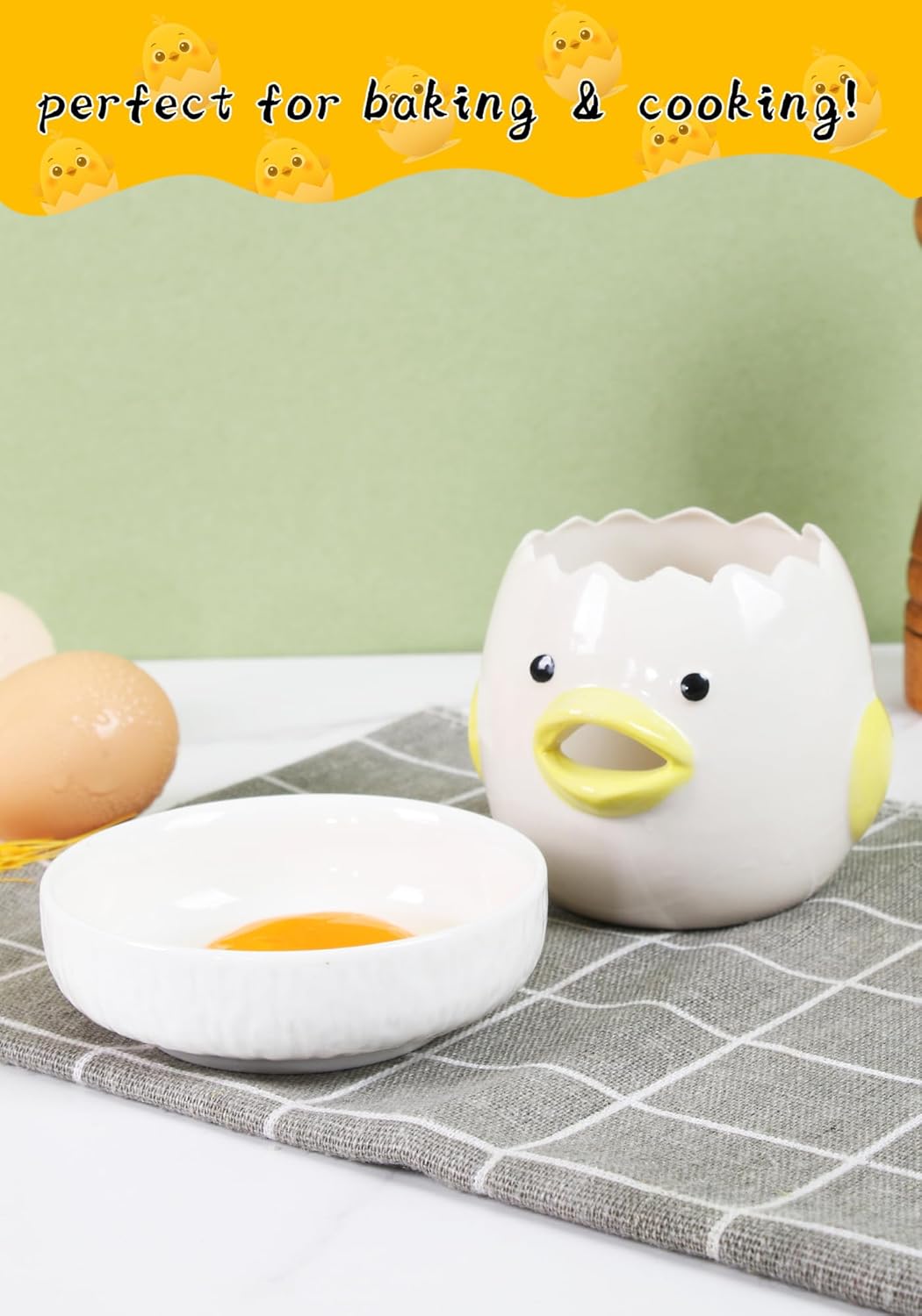2 Pack Cute Egg Separator, Ceramics Vomiting Chicken Egg Yolk Egg White Separator, Little Chick Small Egg Filter Splitter,Dishwasher Safe