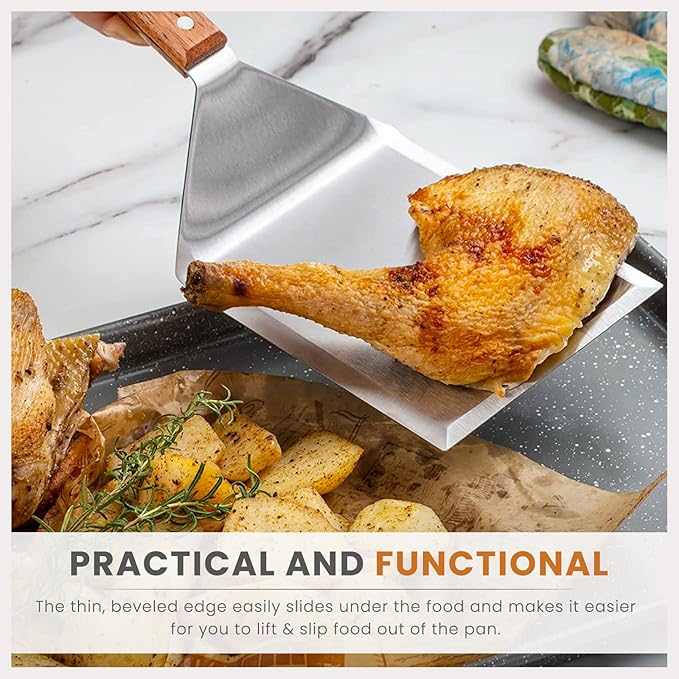 Extra Wide Spatula with Beveled Edges, Oversized Stainless-Steel Spatula with Wood Handle for Skillets, Griddles & Pancake Flipper for Burgers, Omelet, and Versatile for Culinary Task, 6 x 5-inches
