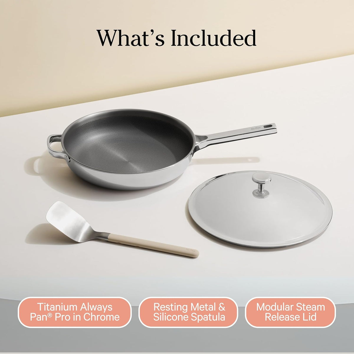 Our Place Titanium Always Pan Pro - 10.6” (2.8 Qt) No-Coating Nonstick Skillet | Tri-Ply Titanium & Stainless Steel | Safe for Oven, Induction & All Cooktops up to 1000°F | Includes Spatula | Chrome