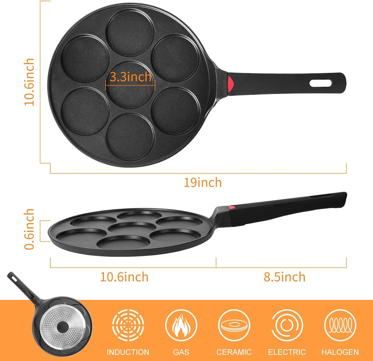 Pancake Pan Maker Nonstick Induction Compatible, 10.5 Inch Mini Non Stick Silver Dollar Grill Blini Griddle Crepe Pan,7 Molds Cake Egg Cooker Skillet for Kids Gifts