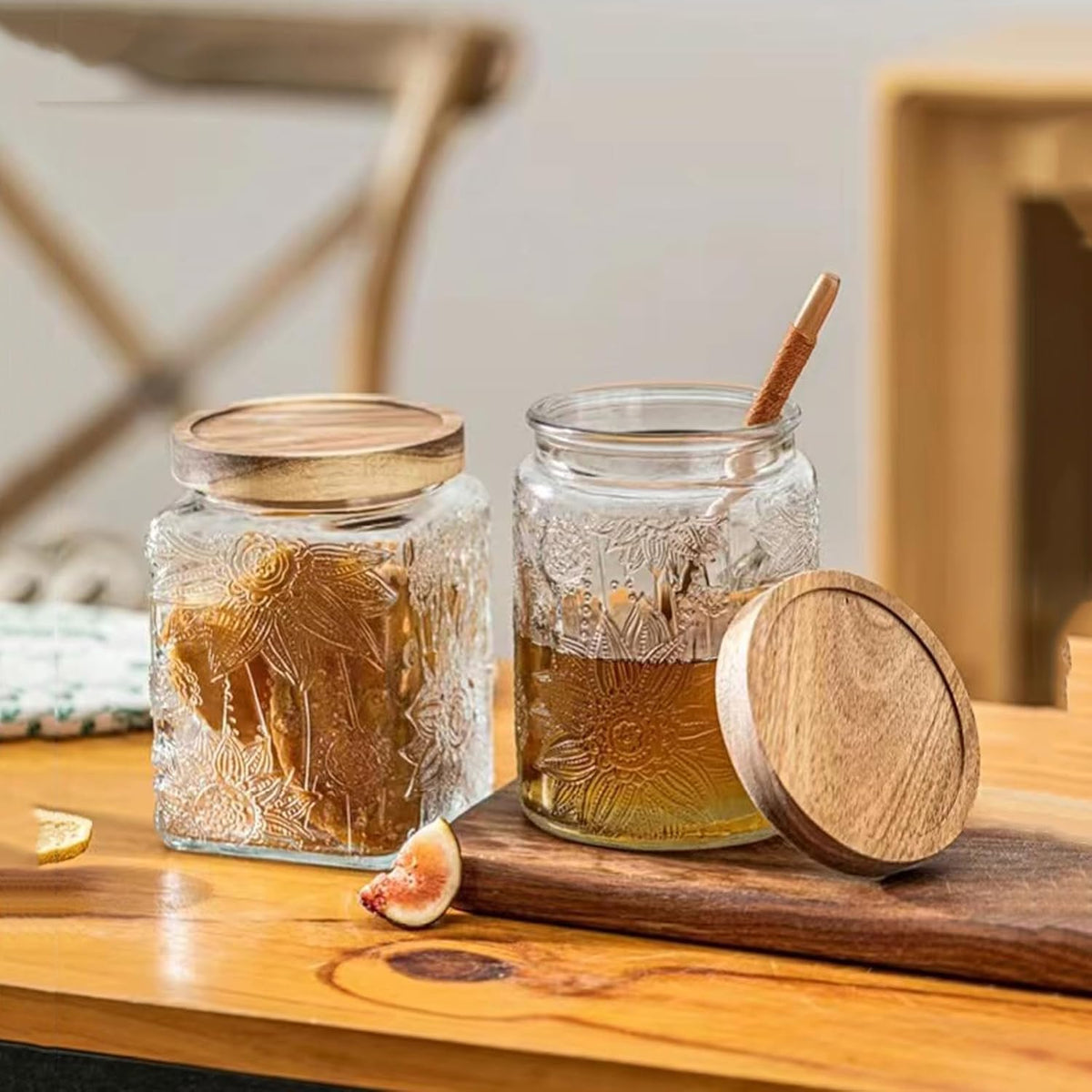 Snminetal Vintage Glass Airtight Storage Jar, With Airtight Wood Lid, Kitchen Food Storage Containers,for Kitchen Counter, Pantry, Tea, Sugar, Coffee Tea Beans,Food Storage Jar (Sunflower*2+plum*2)