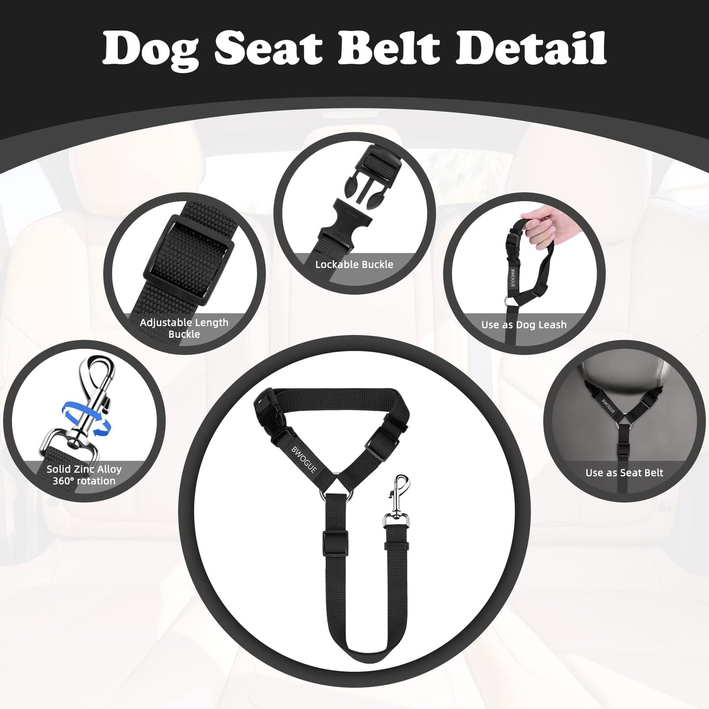 BWOGUE Dog Seat Belt for Car, Headrest Restraint Safety Lead, Dogs Cats