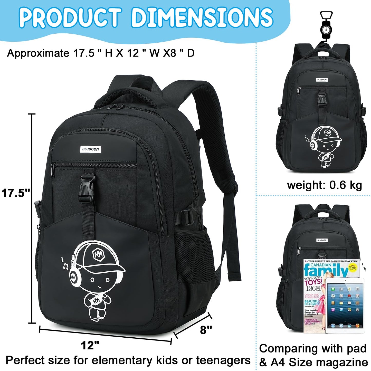 Bluboon Kids Backpack Boys Camo Bookbag Teens Elementary School Bag Daypack Travel Back Pack Middle school (Black-900)