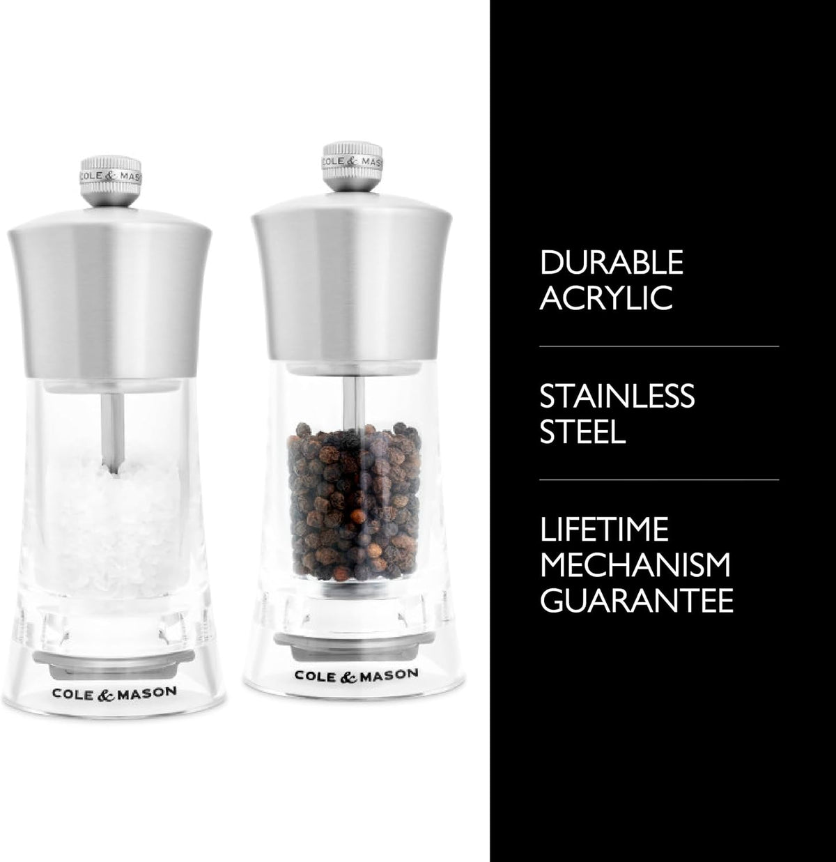 Cole & Mason Bromley Salt & Pepper Mill Gift Set, 6" - Salt & Pepper Grinders with Ultra-Sharp Grinding Mechanisms - Refillable Mills & Spice Shakers with Adjustable Grinding - Acrylic Gift Set