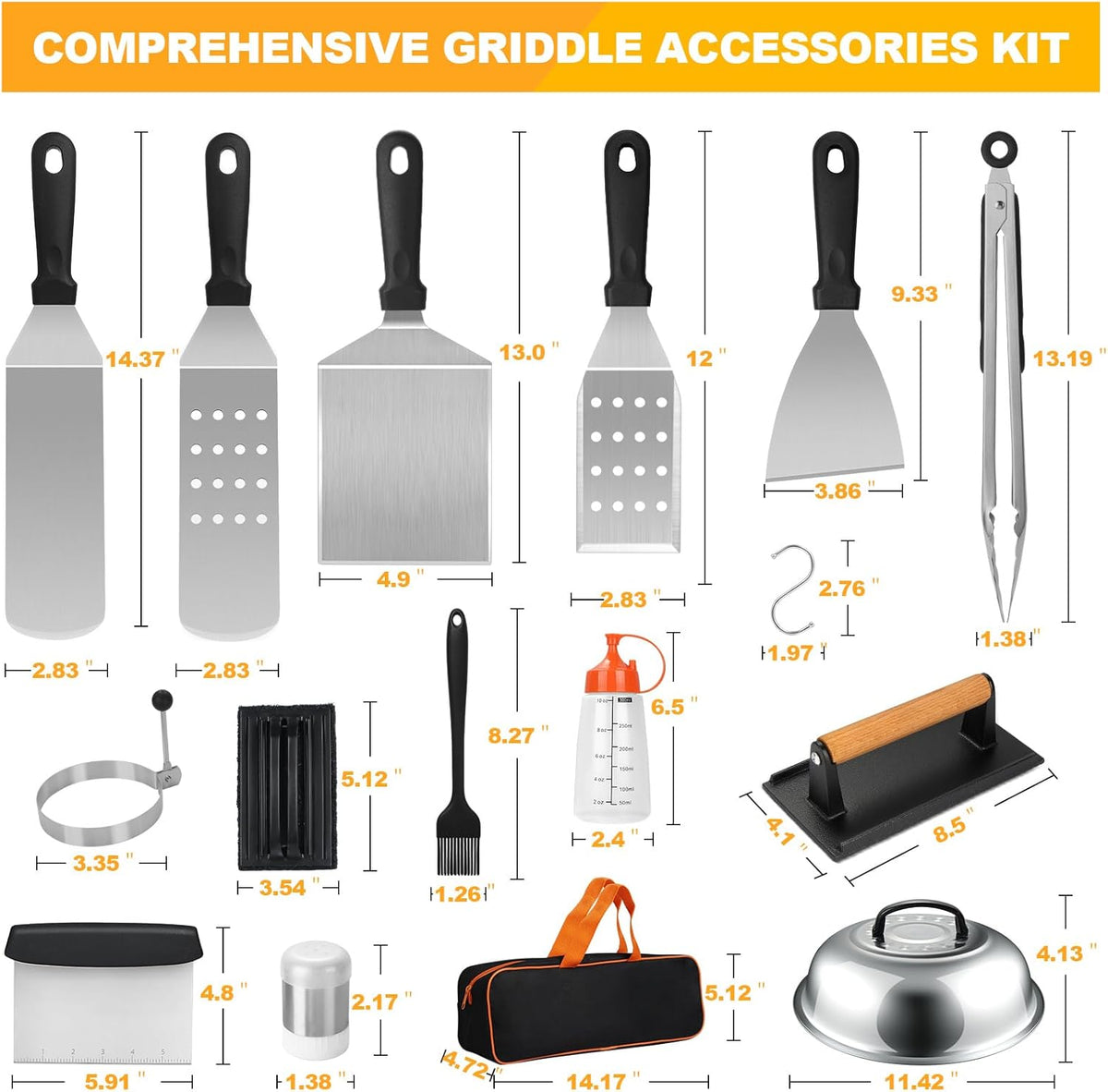 Griddle Accessories Kit, 28 PCS Flat Top Grill Accessories for Blackstone and Camp Chef, Metal Spatula Set with Burger Press, Melting Dome, Tongs, Scraper, Carry Bag for Outdoor Grilling BBQ