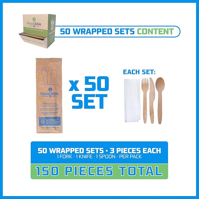 Disposable Wooden Cutlery Set - 100% Home Compostable - Wooden Utensils, Eco-Friendly, Organic, Sustainable and Carbon Neutral Certified - Fork, Knife, Spoon & Napkin - 150
