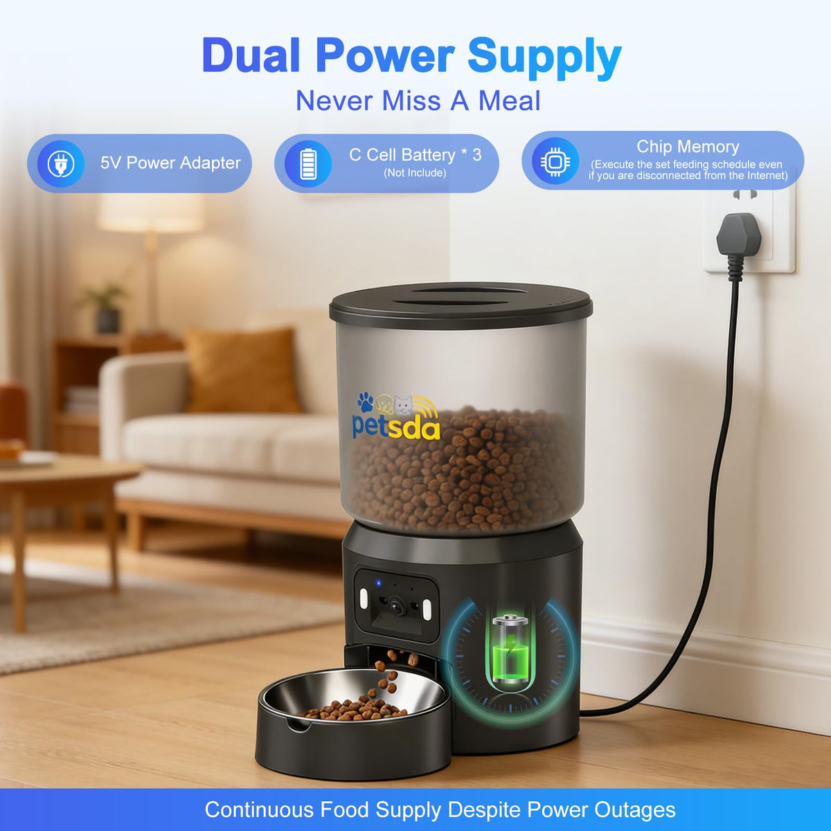 PETSDA Automatic Cat Feeder with 2K Camera 5G WiFi 4L Timed Dry Food Dispenser APP Control, 15 Meals Programmable 1-20 Portion Per Day Dual Power Supply with Stainless Bowl for Multiple Pet Easy Clean