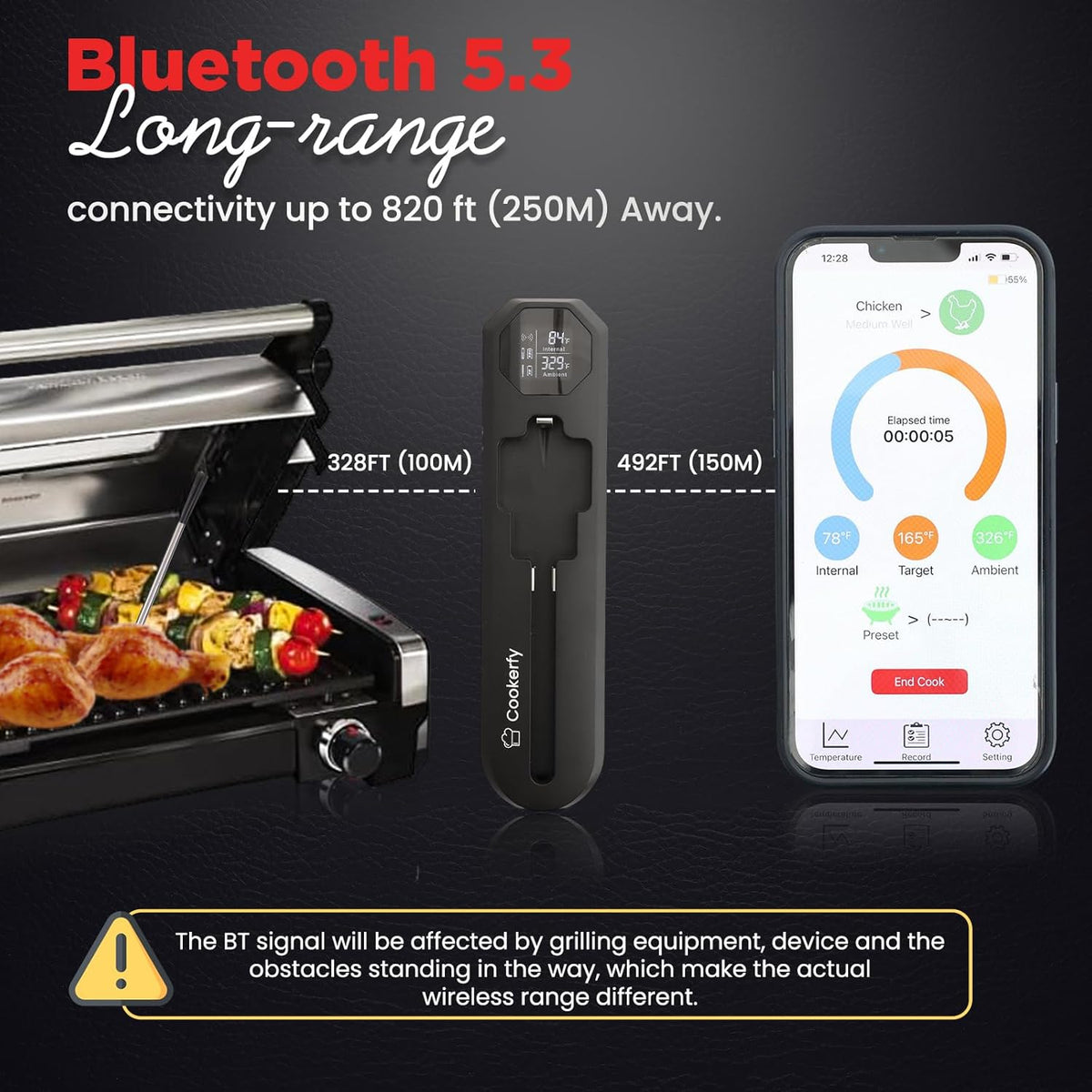 Meat Thermometer Digital Wireless –IP67 Waterproof, 48h Battery Life, Grill Thermometer with 820ft Range, Rechargeable Meat Probe, Wireless Meat Thermometer for BBQ, Smoker, Oven