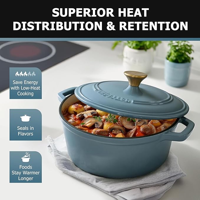 MUELLER HOME 7.5 Quart Enameled Cast Iron Pot Dutch Oven, Heavy-Duty, Oven-Safe up to 500° F & Across All Cooktops, Bread Pan with Lid & Knob, Cast Iron Cookware, Blue Kitchen Accessories,Mineral Blue