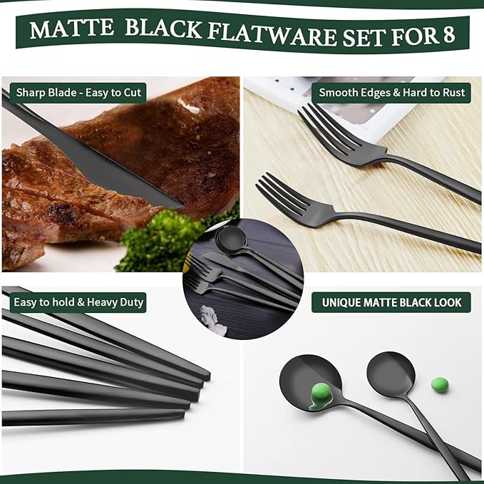40-Piece Matte Black Silverware Set for 8, CEKEE Stainless Steel Flatware Cutlery Set, Cutlery Kitchen Utensils Set for Home Restaurant Apartment, Include Knife Forks and Spoons Silverware Set