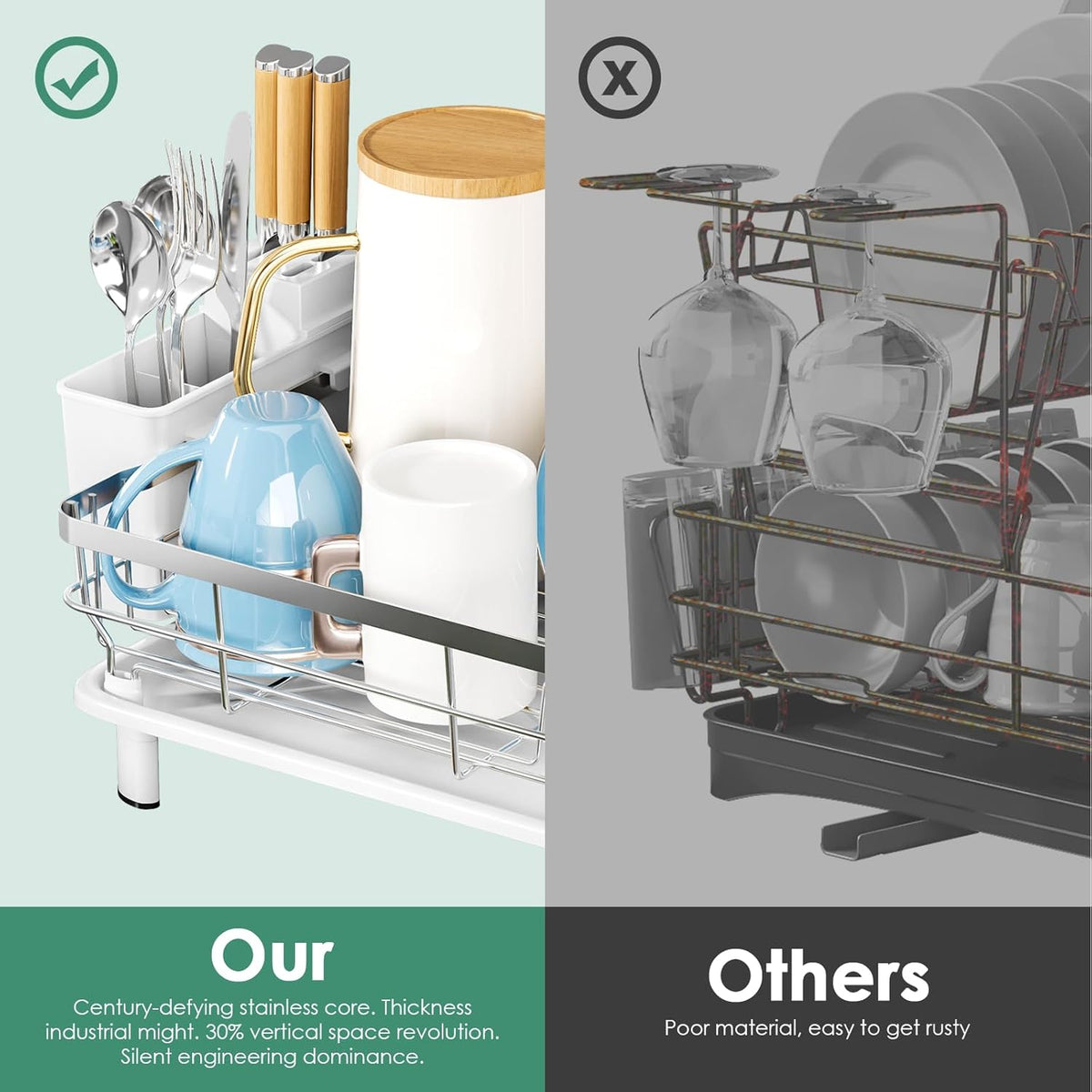 MOUKABAL Dish Drying Rack - Stainless Steel Dish Rack, Dish Racks for Kitchen Counter, Drying Rack Kitchen with Removable Utensil Holder, Drainboard and Glass Organizer (White)