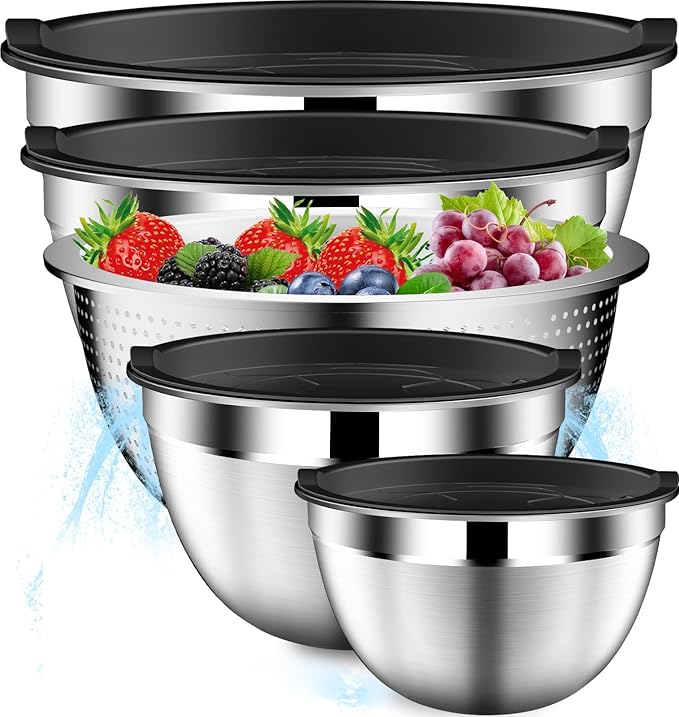 DUTZUN Mixing Bowls with Lids Set, Stainless Steel Mixing Bowls with Colander, Strainer with Mixing Bowl Set, Serving Bowl Kitchen Gift, Size 4.5, 2.5, 2, 1.5QT - Black