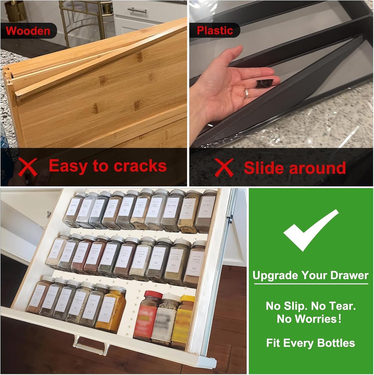 Gosmol Spice Drawer Organizer insert, Adjustable & Non-Slip Silicone Spice Drawer Liner for Seasoning Jars and Spice Bottles, Spice Rack, Set of 2-Pearl