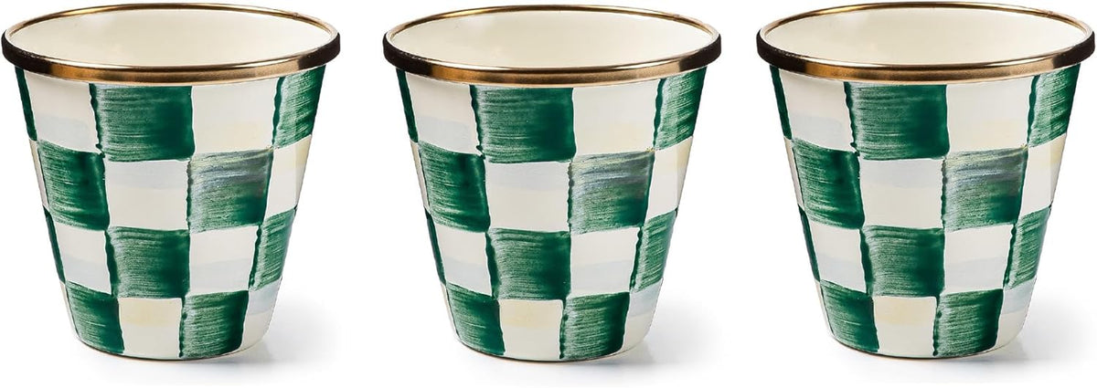 MACKENZIE-CHILDS Enamel Herb Pots, Small Plant Pots for Herbs or Flowers, Set of 3, Green-and-White Emerald Check