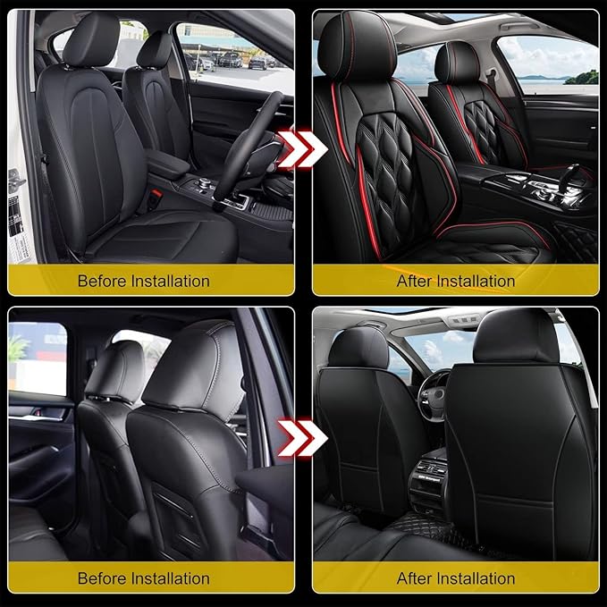 AOMSAZTO Front Seat Covers Fit for Juke 2011-2017 Waterproof Faux Leather Car Seat Cover Compatible with Airbag(2PCS Front, Black&Redline)