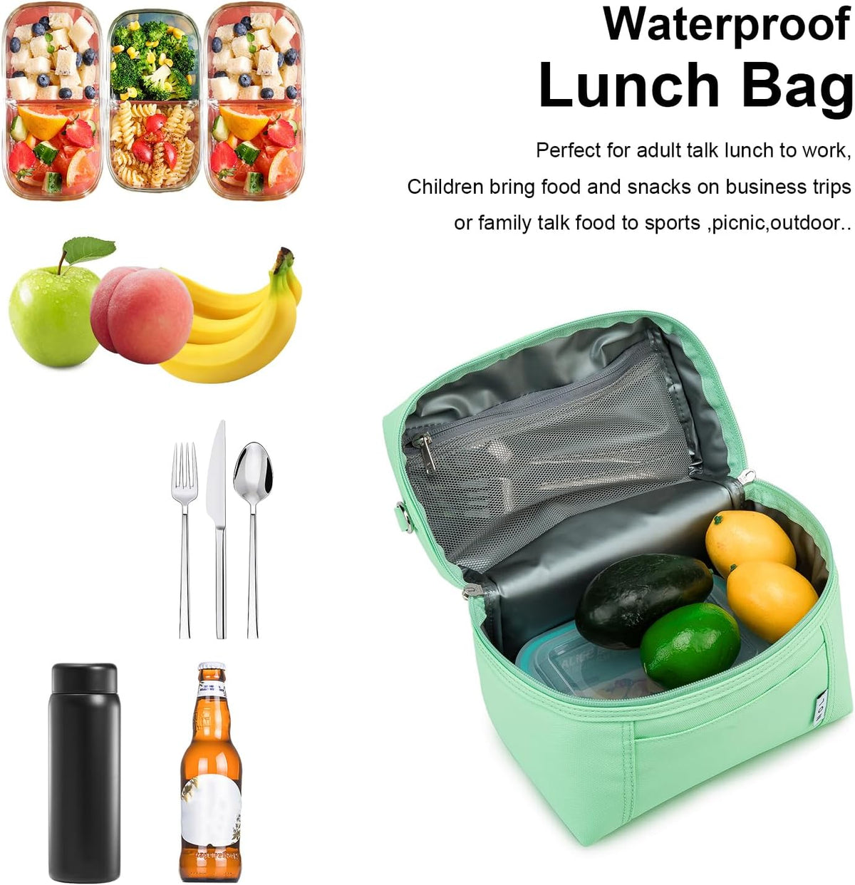 NOL Natural Organic Lifestyle Insulated Lunch Bags for Women Cooler Bag Lightweight Nylon Waterproof Lunch Box For Work (Small, Mint green)