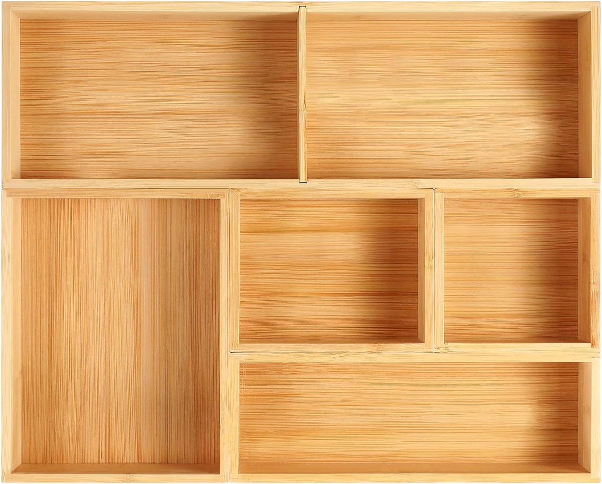 Fabsome Bathroom Drawer Organizer, Bamboo Box Bin for Junk Vanity Desk Makeup Drawer, Small Wooden Container Tea Storage Organization Tray for Kitchen Office, Set of 5