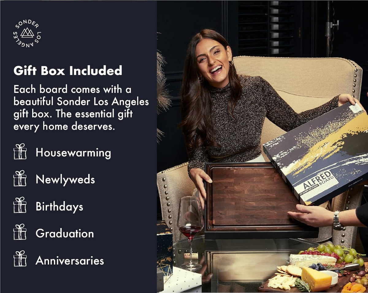Sonder Los Angeles, Made in USA, Large Thick End Grain Walnut Wood Cutting Board with Non-Slip Feet, Juice Groove, Sorting Compartments for Kitchen 17x13x1.5 in (Gift Box Included)