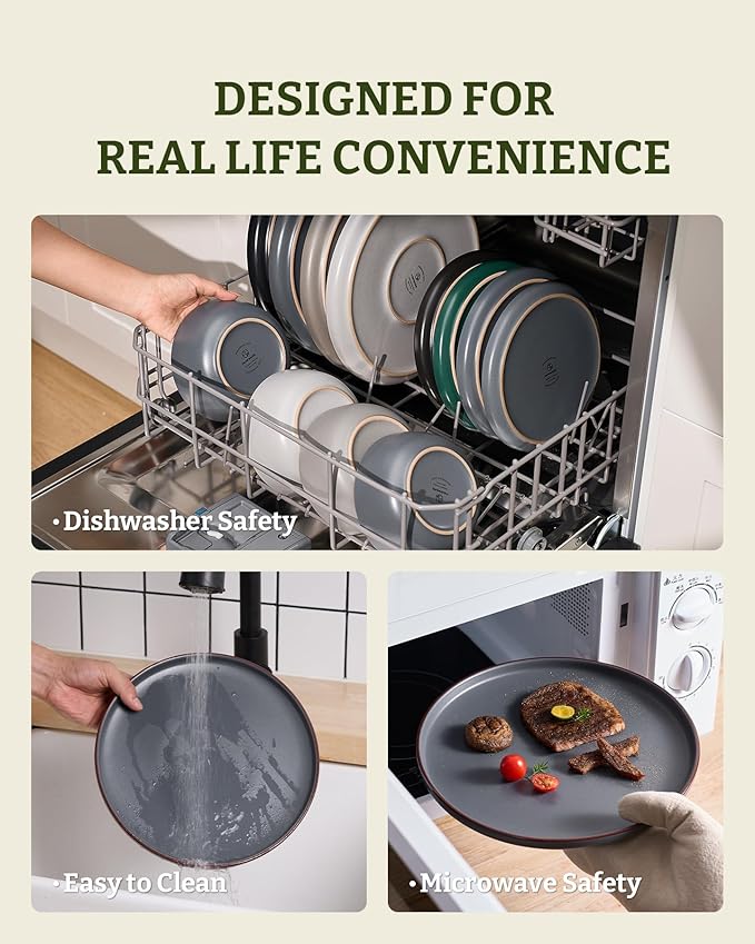 Famiware Mercury Dinnerware Sets with Mugs, Service for 6 (24 Pieces), Stoneware Plates and Bowls Sets, Microwave and Dishwasher Safe Dishes Set, Charcoal