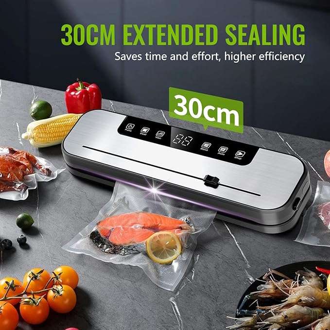 FIRE HIVE 5-in-1 Vacuum Sealer Machine for Food, 75KPa Powerful Suction, 11.8" Sealing Strip, Purple Light Clean, Built-in Sliding Cutter, Dry & Moist Modes, LED Display, 10 Vacuum Bags Included