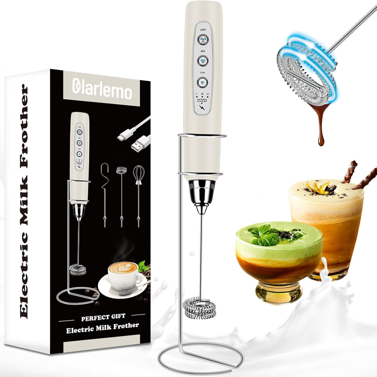 Milk Frother Handheld Rechargeable with Stand, Frother Wand Drink Mixer Electric Whisk for Coffee, Detachable With 3 Stainless Whisks, Hand Mixer for Lattes, Cappuccino, Matcha, Egg, Beige