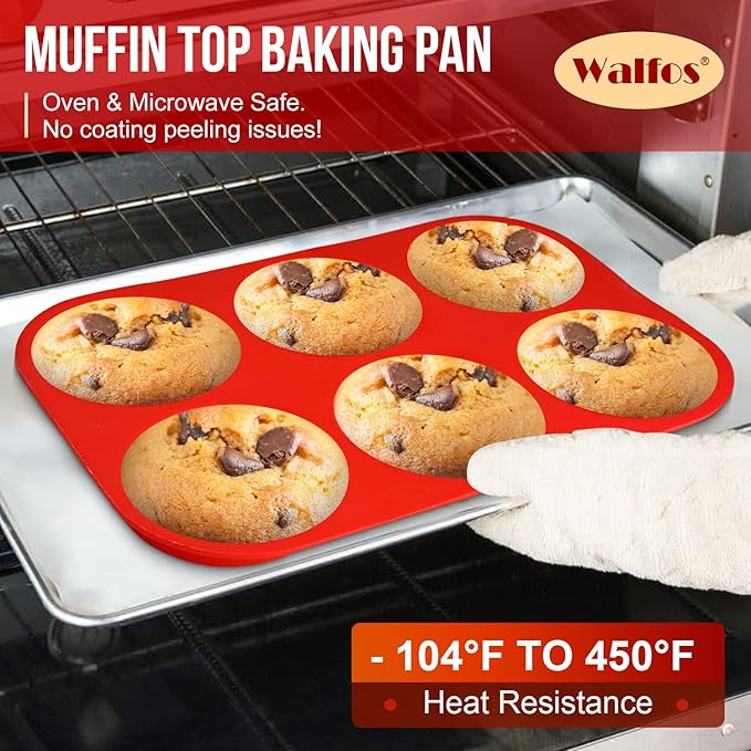 Walfos Silicone Muffin Top Pan Set, Non-Stick Whoopie Pie Baking Pans, Food Grade & BPA Free, Great for Muffin Tops, Whoopie Pies, Egg Muffins, Hamburger Buns and More, Dishwasher Safe, Set of 2