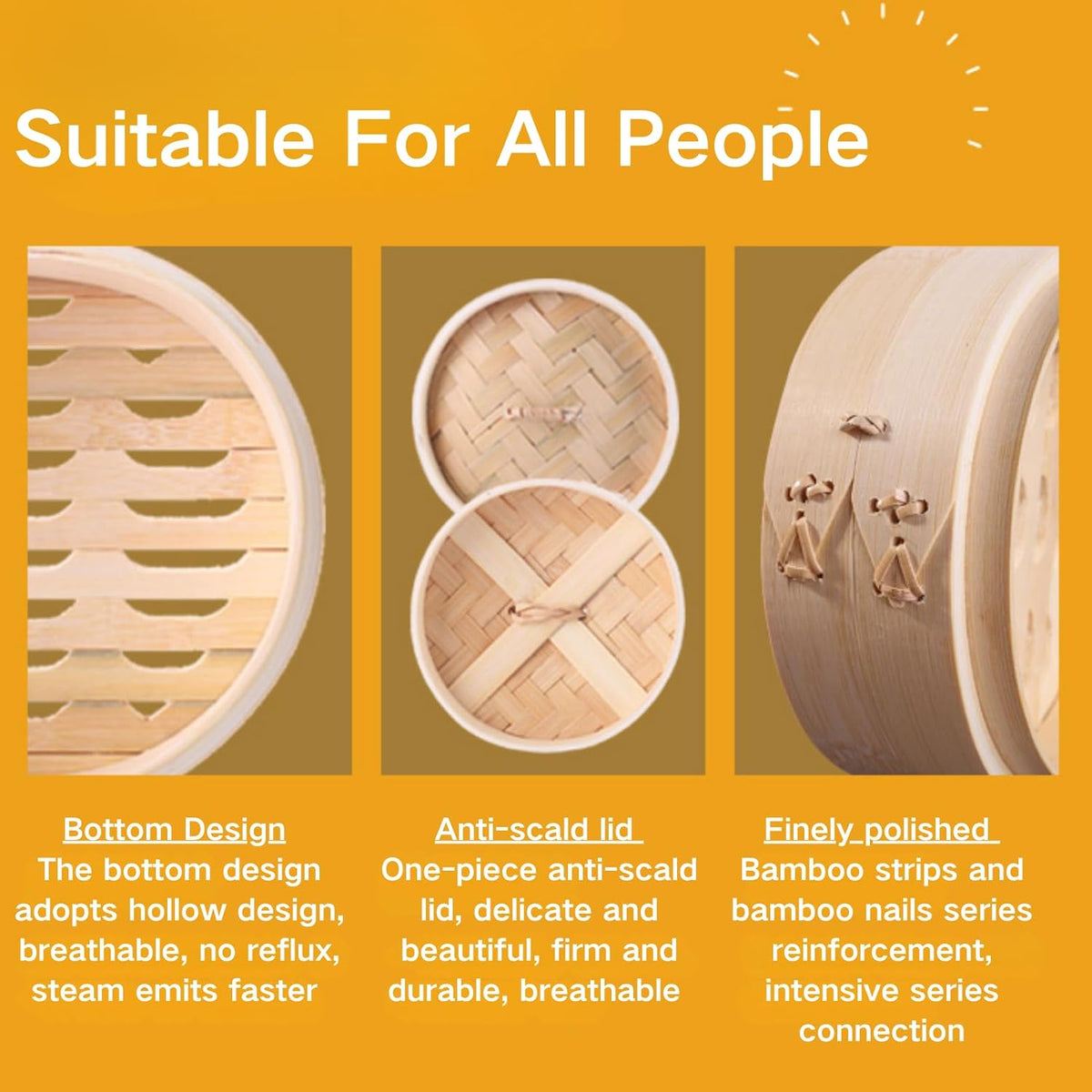Bamboo Steamer Set - 10 Inch Dumpling Steamer Basket with Lid & 7-Piece Kit - Natural Steam Basket for Pots Stovetop Cooking