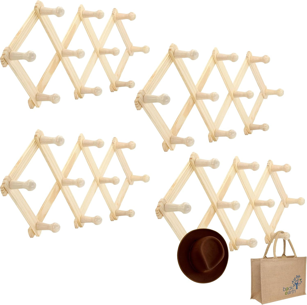 Set of 4 RAM-PRO Accordion Style Wood Expandable Wall Rack for Hat, Cap, Belt, Umbrella Coffee Mug Jewelry Hanging Wooden Pegs
