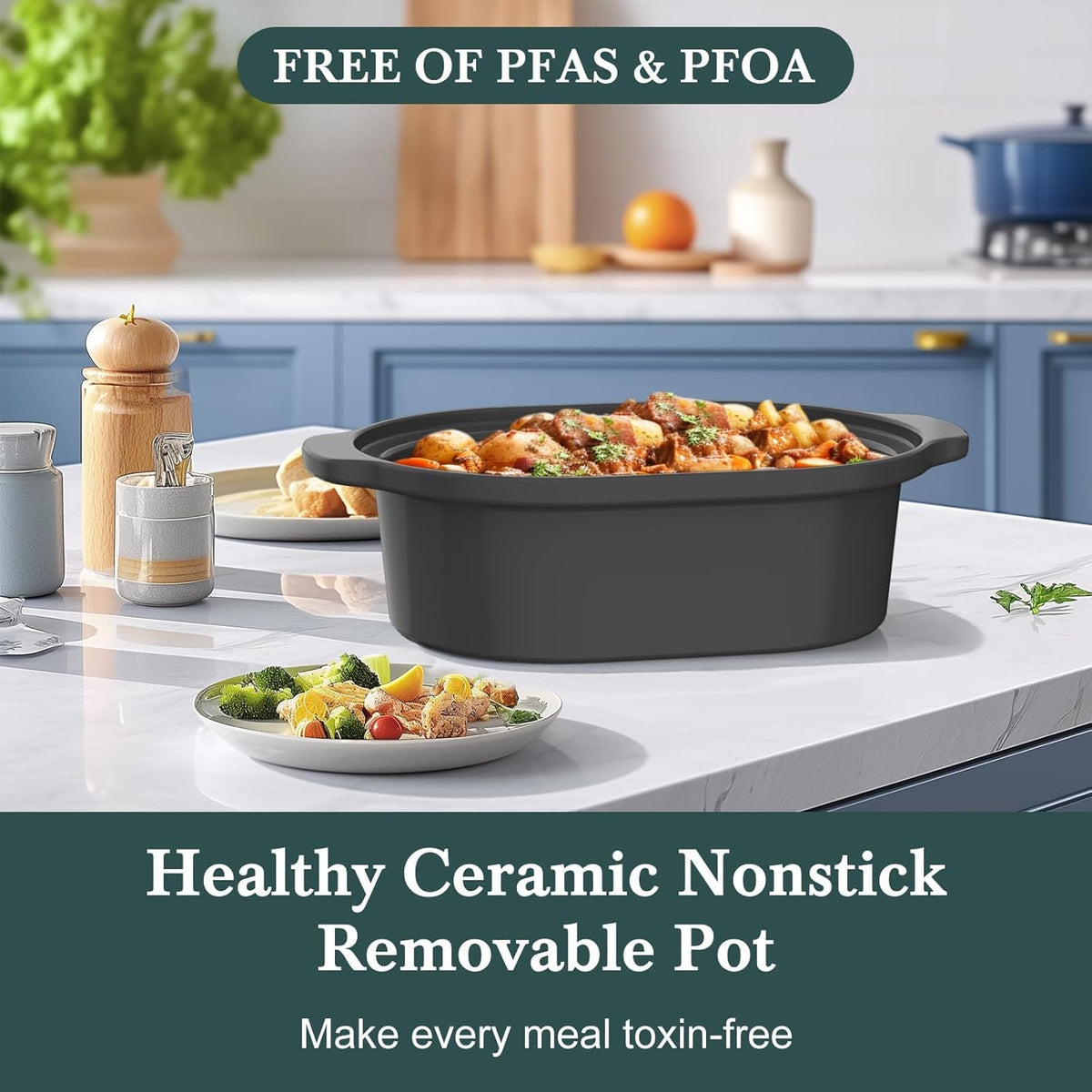 6 Quart Programmable Slow Cooker Removable Healthy Nonstick Crock Pot - Small Kitchen Appliance for Family Dinners - Serves 6+ People - Heat Settings: Keep Warm Brown Brown