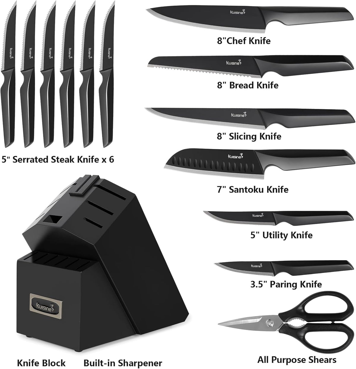Kuisine Premium Knife Set,One-piece Steel Molding,High Carbon Stainless Steel Ultra Sharp,Non-slip Ergonomic Solid Steel Handle,Built-in Sharpener Knife Block Set,Luxury Gift(15PCS,Black)