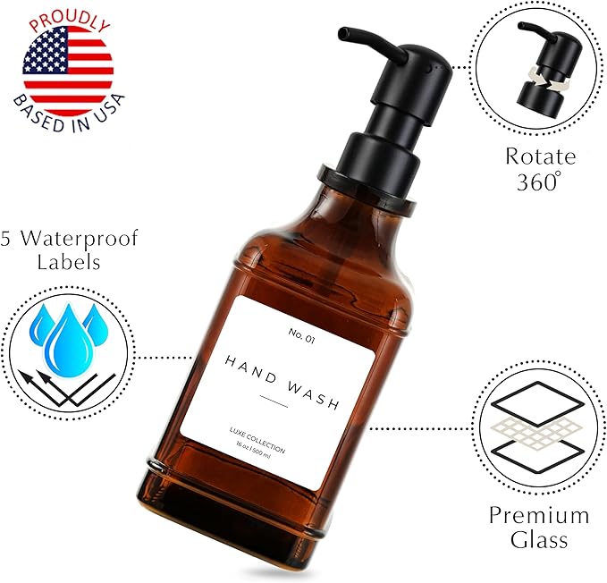 Emerson Essentials Soap Dispenser, Dish Soap Dispenser, Soap Dispenser Bathroom Set, Hand Soap Dispenser, Kitchen Soap Dispenser Set, Glass Soap Dispenser with Pump and Labels | 16 Oz 2-Pack