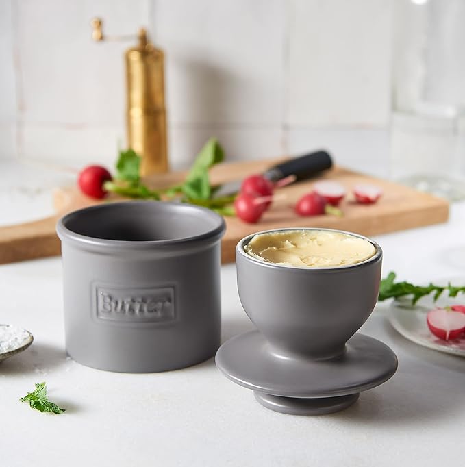 Butter Bell - The Original Butter Bell crock by L Tremain, a Countertop French Ceramic Butter Dish Keeper for Spreadable Butter, Café Matte Collection, Steel Gray
