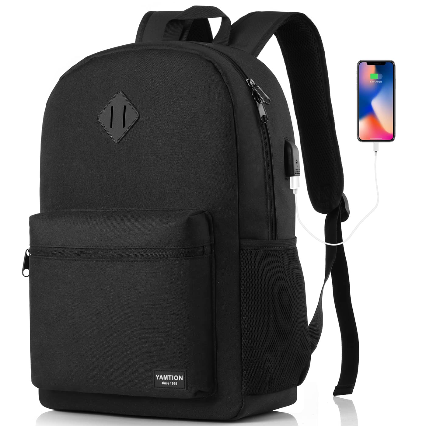 YAMTION Black Backpack for Women Men,Casual School Backpack Teen Boys and Girls 15.6 Inch Laptop Bookbag with USB Charger for College High School Travel Business