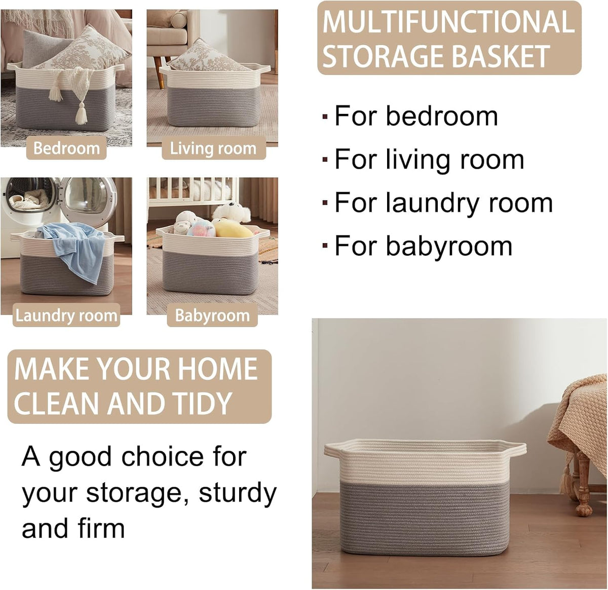OIAHOMY 65L Blanket Basket, Cotton Rope Woven Blanket storage for Living Room, Rectangle Woven Baskets for Storage, 20''×16''×12'', Grey and White