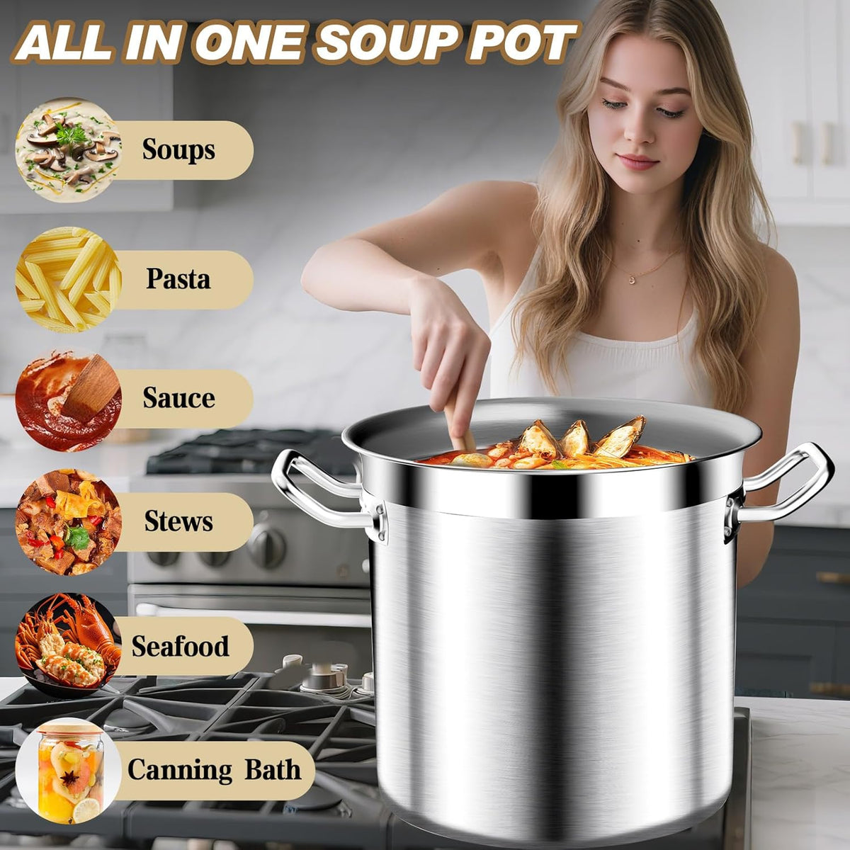 Stainless Steel Cookware Stockpot, 75 Quart Heavy Duty Induction Soup Pot With Stainless Steel Lid Commercial Grade Stock Pot for Soup, Stew, Canning, Even Heat Distribution