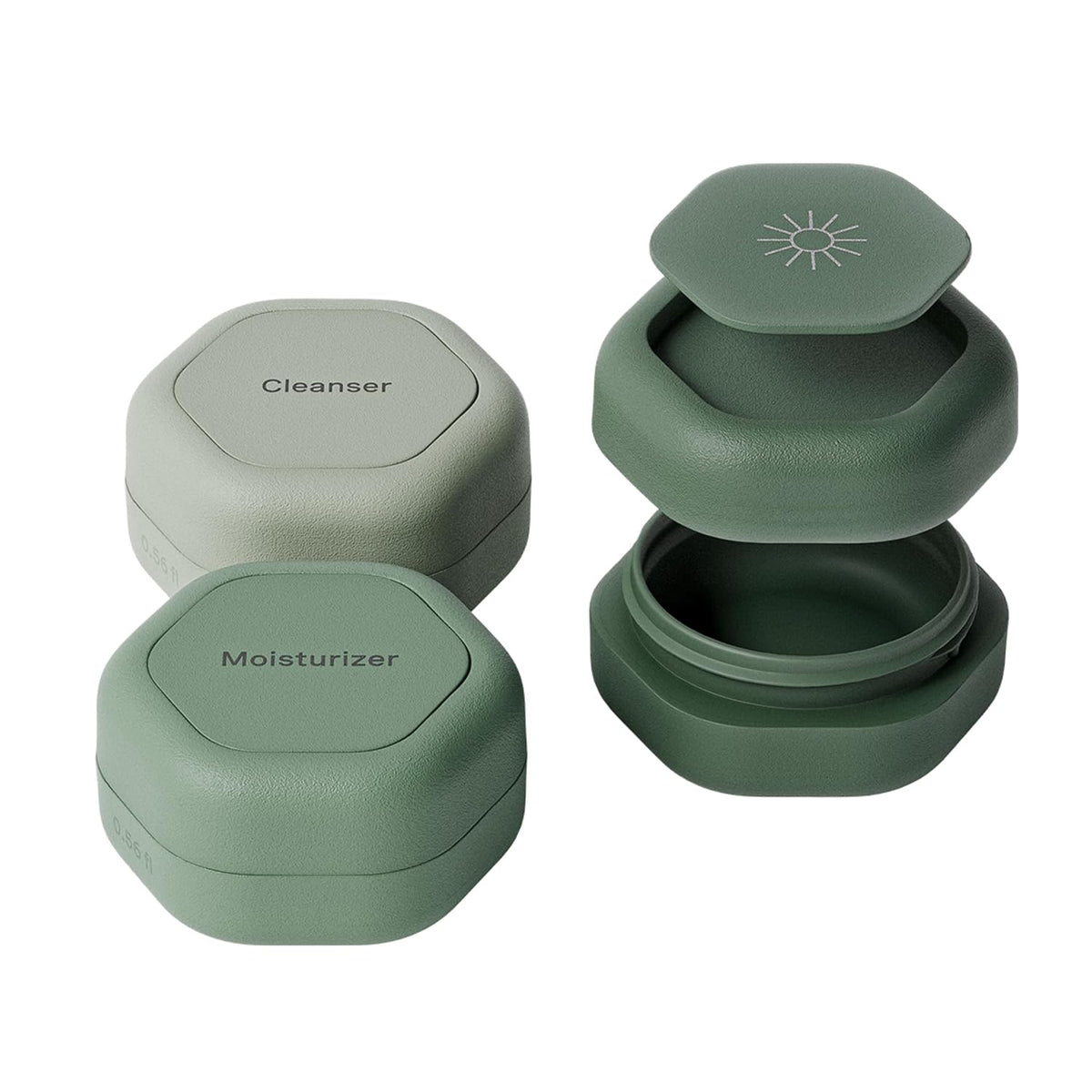 Cadence Travel Containers Basic Skincare Set - Magnetic Containers with Lids,Carry On Travel Essentials For Women/Men - 3 Small Capsules (0.56oz) - Cleanser, Moisturizer & Sun-Icon Labels - Evergreen