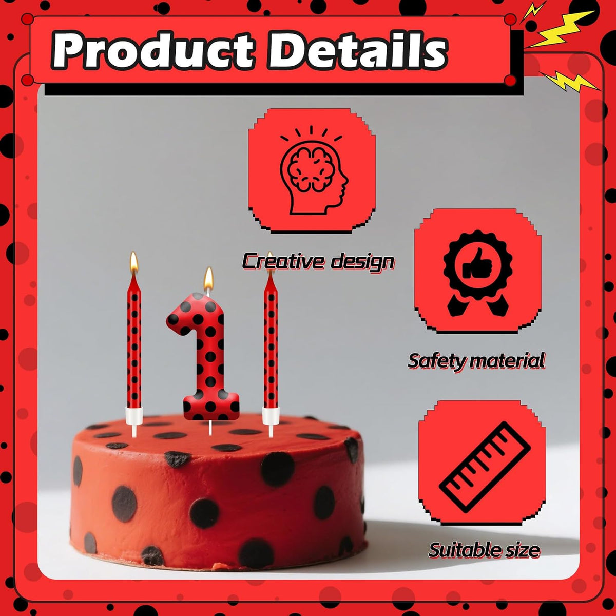 13PCS Ladybug Theme Birthday Candles Set - Red & Black Polka Dot Decorative Candles for Kids Ladybug Themed Parties, Baby Showers, Birthday Cakes, and Ladybird Inspired Celebrations(Number 1)